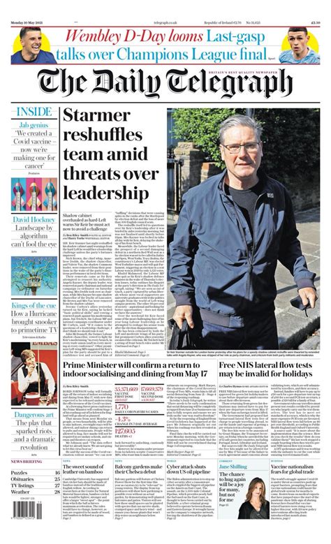 Daily Telegraph Front Page 10th Of May 2021 Tomorrows Papers Today