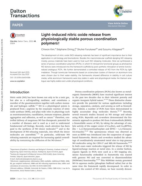 Pdf Light Induced Nitric Oxide Release From Physiologically Stable