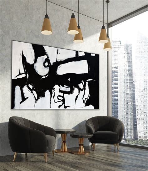Handmade Abstract Painting On Canvas Panoramic Black And White Wall