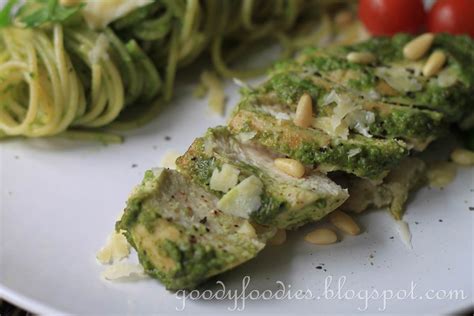 Season chicken with salt and pepper, to taste. GoodyFoodies: Recipe: Pesto-glazed chicken breast with ...