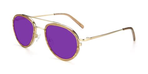 Gold Caramel Double Bridge Retro Vintage Aviator Tinted Sunglasses With Purple Sunwear Lenses