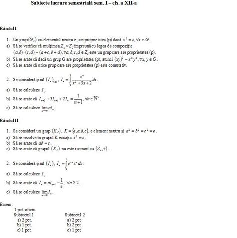 Matematica Subiecte Teza Clasa A Xii A Semestrul 1