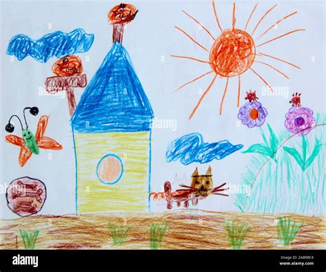 Joy Summer Childrens Drawing With Butterflies Houses And Flowers