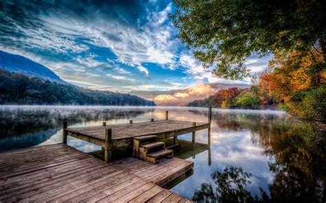 Lake Nature Sunset Mountains Fall Pier Forest Mist Water