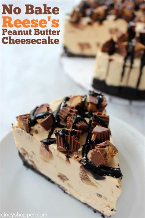 Reese's peanut butter cups are enveloped in a rich, luscious mini cheesecake and drizzled with chocolate and peanut butter. No Bake Reese's Peanut Butter Cheesecake - CincyShopper