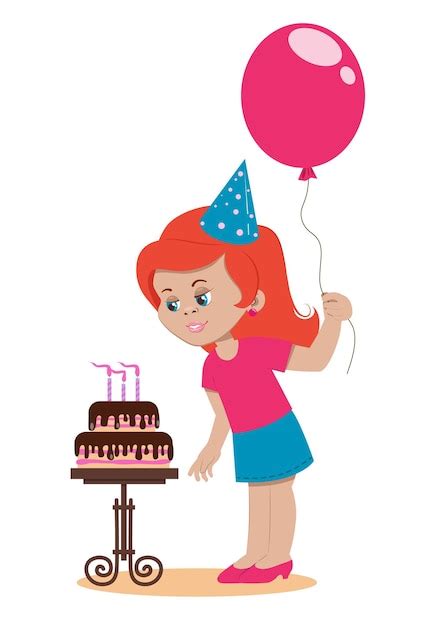 Premium Vector The Birthday Girl At The Party Blows Out The Candles On The Cake Cartoon