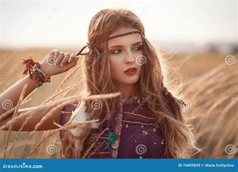 Fashion Portrait Of Beautiful Hippie Woman At The Sunset Summer Stock
