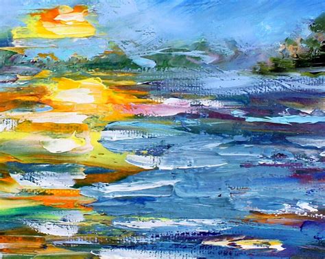 Sunset Painting Water Original Oil Palette Knife Impressionism On