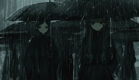 Wallpaper Dark Anime Girls Raining Umbrella Monochrome Gloves Coat