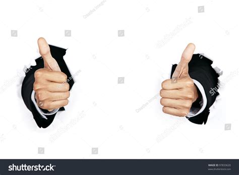 Businessmans Hand Thumbs Breaking Through Paper Stock Photo 97833620