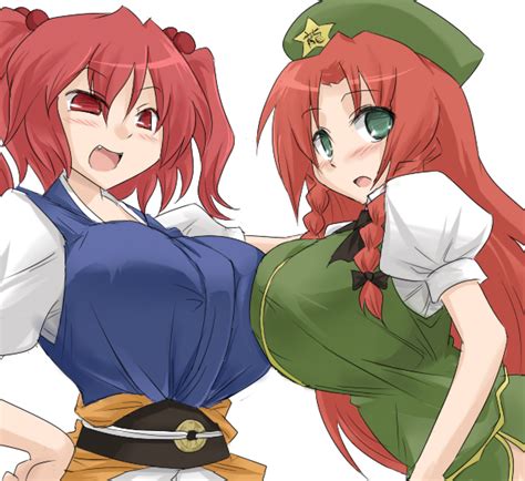 oro zetsubou girl hong meiling onozuka komachi touhou 2girls braid breast press breasts