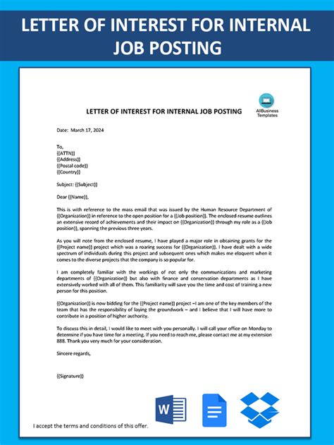Letter Of Interest Sample For Internal Job Posting Templates At