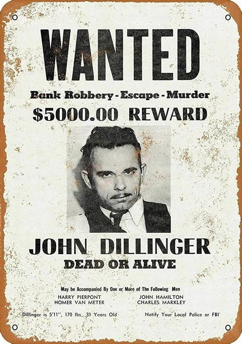 John Dillinger Fbi Wanted Poster Bank Robbery Gangster Outlaw Public