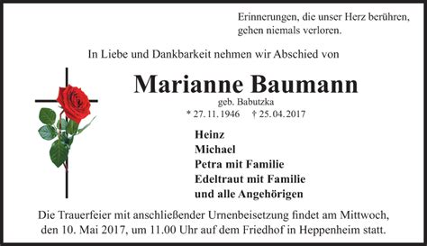 Traueranzeigen Von Marianne Baumann Vrm Trauer De