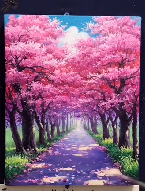 Beautiful Cherry Blossoms Road Video Sky Art Painting Diy Canvas