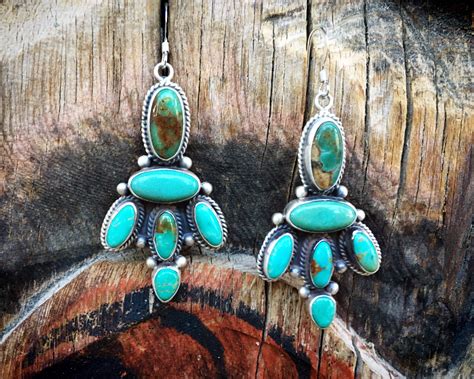 Turquoise Cluster Earrings Sterling Silver Dangles Navajo Native