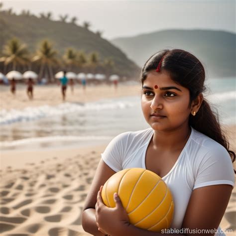Chubby Girl Playing Volleyball On Beach Stable Diffusion Online