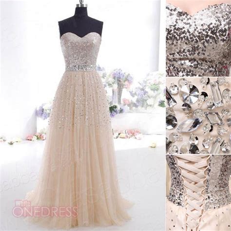 New Women Champagne Sequins Tulle Long Party Evening Gowns Prom