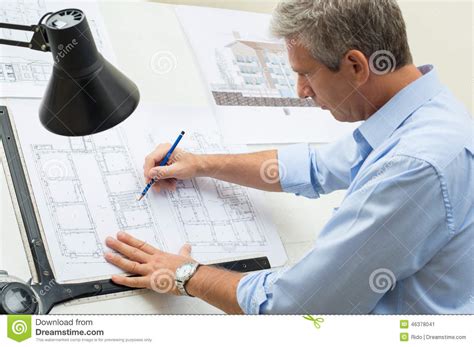Architect Working At Drawing Table Stock Image Image Of