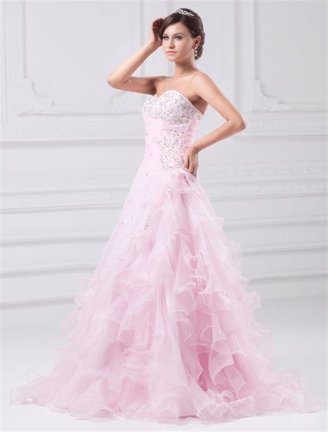A Line Pink Organza Ruffles Sweetheart Neck Sweep Prom Dress