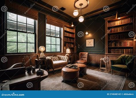 Cozy Study Room With Warm Lighting Cozy Armchairs And Reading