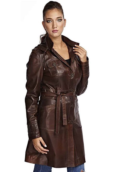 Womens 100 Real Brown Leather Trench Belted Coat