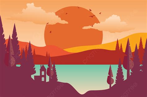 Abstract Sunset Landscape In Simple Retro Style Illustration Background