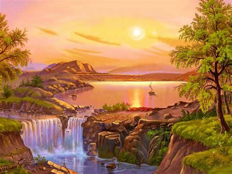 Beautiful Landscape Summer Painting River Lake Waterfall Art Images