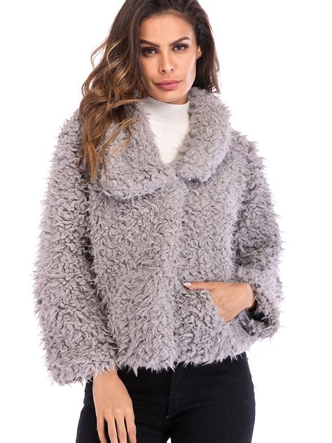 Sayfut Sayfut Womens Faux Fur Jacket Shaggy Jacket Winter Fleece