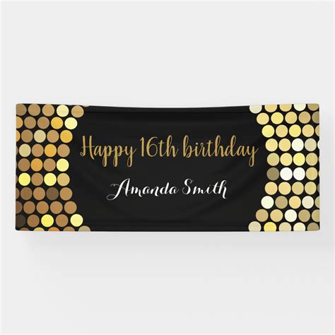 Happy 16th Birthday Banner Black And Gold Glitter Zazzle