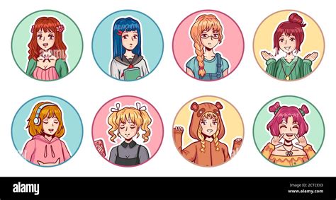 Anime Girls Avatars Color Portraits Cute Manga Female Teens In Various