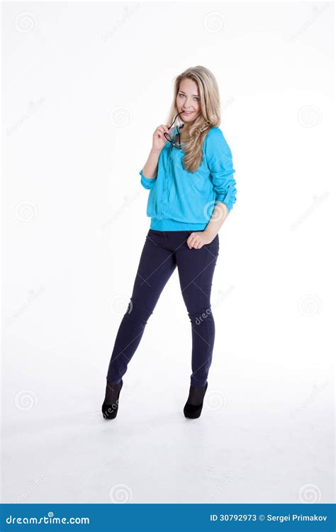Beautiful Blonde In A Blue Blouse And Trousers Stock Image Image Of