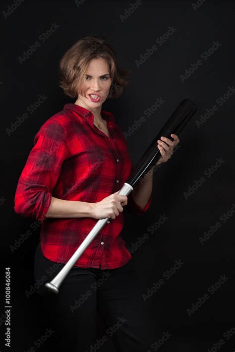 Model Red Flannel Shirt Scowling With Bat Stock Photo Adobe Stock