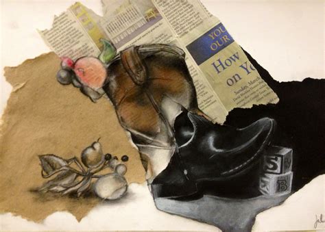 A Painting Of Shoes And Newspaper On A Table