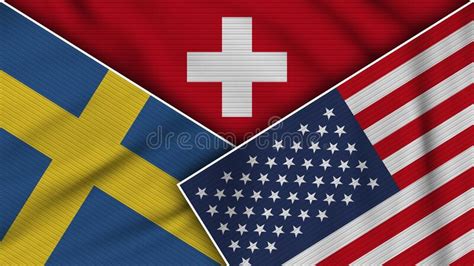 Switzerland United States Of America Sweden Flags Together Fabric