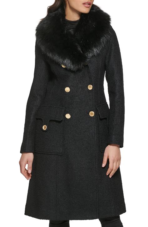 Guess Removable Faux Fur Collar Wool Blend Double Breasted Walker Coat