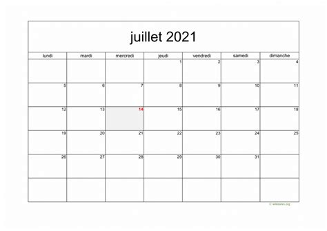 Calendrier Juillet 2021