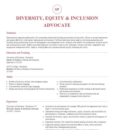 Diversity Equity And Inclusion Advocate Resume Example