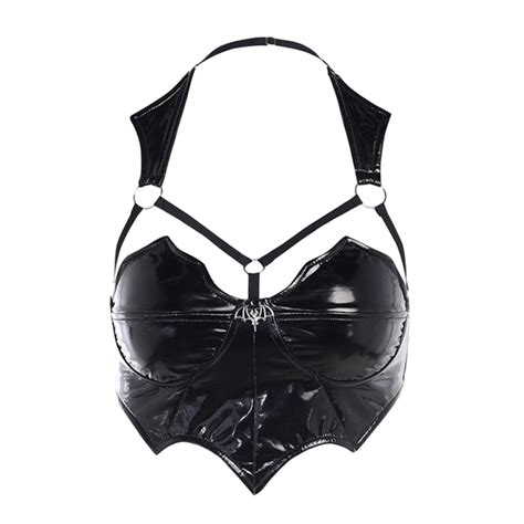 Halter Sleeveless Punk Crop Top Streetwear Womens Fashion Wet Look Patent Leather Backless
