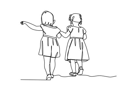 Continuous One Line Drawing Two Girls Playing Holdings Hands Children