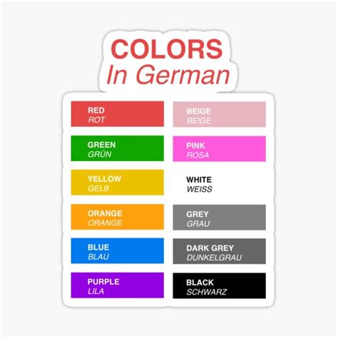 German Colors Colors In German Sticker For Sale By Hiddenverb