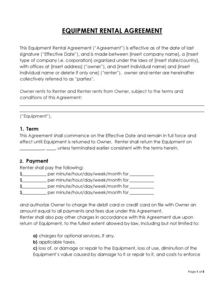 24 Free Equipment Rental Agreement Forms Templates