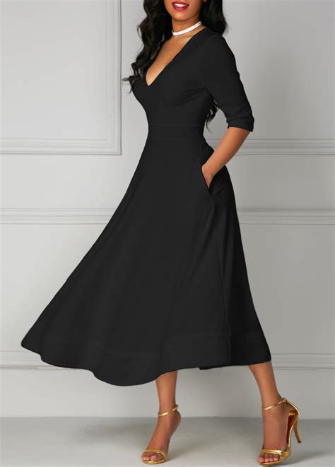 Pocket Design Black V Neck Half Sleeve Dress Usd 3387