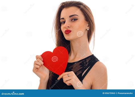 Close Up Portrait Of Beautiful Brunette In Love With Red Heart Isolated