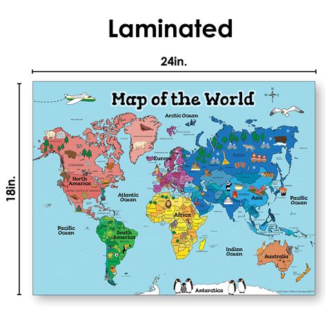 Buy World Map Poster For Kids 18x24 World Map Laminated Ideal World