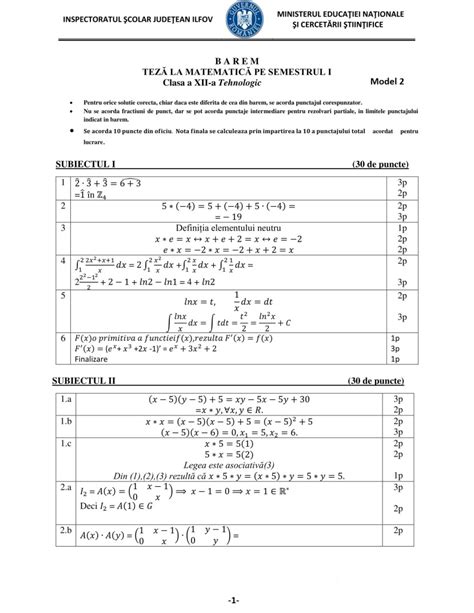 Modele Teză Matematică Clasa A 12 A M2 Tehnologic Semestrul 1 Bareme