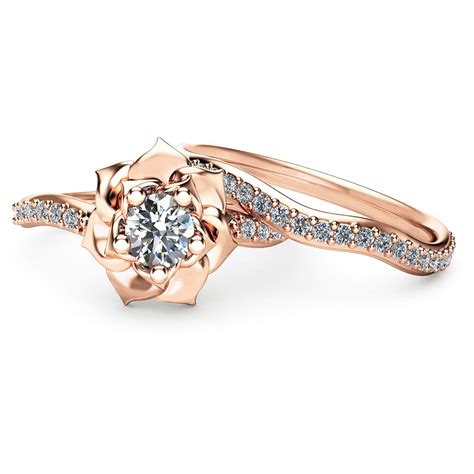 14K Rose Gold Diamond Engagement Ring Set Rose Gold Flower Etsy