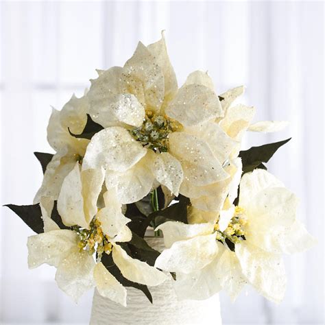 Faux Glittered Creamy White Poinsettia Bush Holiday Florals
