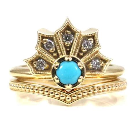 Modern Turquoise And Diamond Gothic Crown Engagement Ring Set With