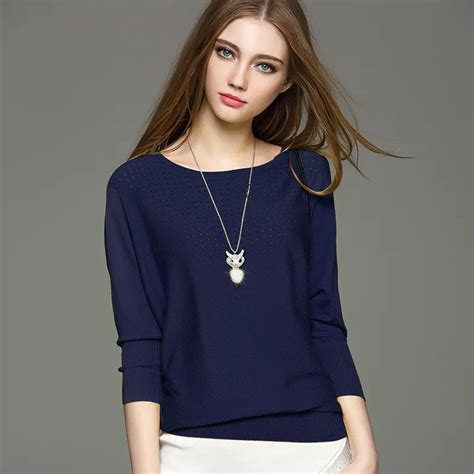 Simple Cotton Tops Solid Navy Blue Knitted Pullover Sweater Women